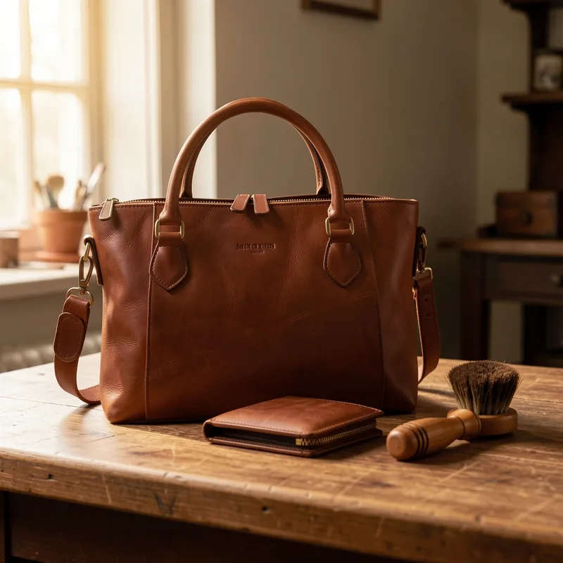 Sac en cuir grainé posé sur un établi de bois, brosse en crin et pot de crème nourrissante à côté